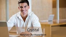  Presentation with man holding phone - PPT theme featuring portrait of man holding mobile phone and laptop on a desk in office background and a coral colored foreground