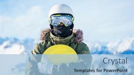  Presentation with standing on scooter - Theme enhanced with portrait of man in helmet with snowboard standing on snow resort background and a light blue colored foreground