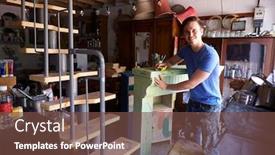  Presentation with upcycling - PPT theme having portrait-of-man-in-workshop background and a tawny brown colored foreground