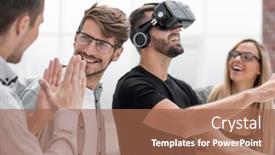  Presentation with stand - PPT layouts consisting of portrait-of-man-scientist-stand background and a coral colored foreground