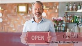  Presentation with signboard - Colorful slide set enhanced with portrait of man showing signboard with open sign in restaurant backdrop and a coral colored foreground