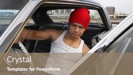  Presentation with car - Amazing presentation design having portrait-of-man-sitting backdrop and a coral colored foreground