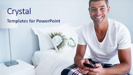  Presentation with text message - Presentation theme with portrait of man sitting on bed and typing a text message on phone in bedroom background and a sky blue colored foreground