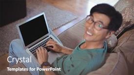  Presentation with social isolation - Beautiful presentation featuring portrait of man using laptop in living room at home working from home in quarantine lockdown social distancing self isolation backdrop and a violet colored foreground