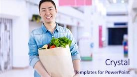  Presentation with grocery bag - Amazing presentation design having portrait of man with grocery backdrop and a sky blue colored foreground