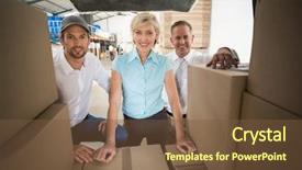  Presentation with managers - Beautiful PPT theme featuring portrait of managers smiling at camera behind the van in a large warehouse backdrop and a tawny brown colored foreground