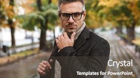  Presentation with masculine - Beautiful PPT theme featuring portrait of masculine man 30s backdrop and a dark gray colored foreground