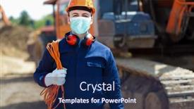  Presentation with construction worker harassment workplace - Cool new slides with portrait-of-masked-worker backdrop and a navy blue colored foreground