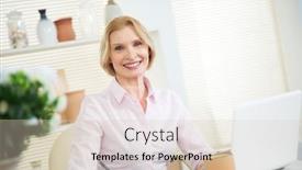  Presentation with home office - Beautiful PPT theme featuring portrait-of-mature-business-woman backdrop and a lemonade colored foreground