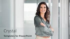  Presentation with workplace - Presentation theme enhanced with portrait-of-mature-business-woman background and a  colored foreground