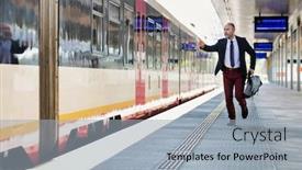  Presentation with train - Slide deck having portrait-of-mature-businessman-running background and a light gray colored foreground