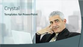  Presentation with front office - Cool new PPT theme with portrait of mature businessman sitting in front of windows in office using laptop computer smiling backdrop and a sky blue colored foreground