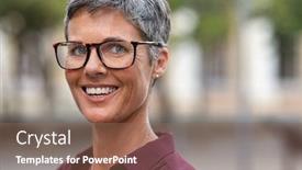  Presentation with copy space - Theme having portrait-of-mature-businesswoman-wearing background and a coral colored foreground