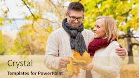  Presentation with maple leaves - Audience pleasing presentation design consisting of portrait-of-mature-couple-holding backdrop and a yellow colored foreground