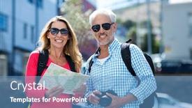  Presentation with city map - Beautiful presentation theme featuring portrait of mature couple holding map and camera in city backdrop and a teal colored foreground