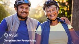  Presentation with cycling - Cool new PPT theme with portrait of mature couple holding cycling helmet in a park backdrop and a ocean colored foreground