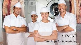  Presentation with butcher - Presentation featuring portrait of mature female butcher with confident team in butchery background and a coral colored foreground
