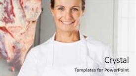  Presentation with butcher shop - Beautiful PPT theme featuring portrait of mature female butcher holding big bowl in shop backdrop and a sky blue colored foreground