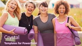  Presentation with retreat - Presentation design featuring yurt - portrait of mature female friends background and a tawny brown colored foreground