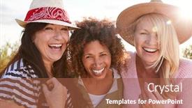  Presentation with camping - Presentation theme consisting of portrait of mature female friends walking through field on camping vacation background and a red colored foreground