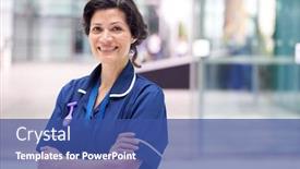  Presentation with modern building - Theme enhanced with portrait-of-mature-female-nurse background and a ocean colored foreground