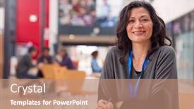  Presentation with teacher - PPT theme having portrait-of-mature-female-teacher background and a coral colored foreground