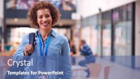  Presentation with female college student uti - Beautiful PPT layouts featuring portrait-of-mature-female-teacher backdrop and a ocean colored foreground