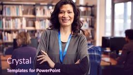  Presentation with teacher - PPT theme with portrait-of-mature-female-teacher background and a wine colored foreground