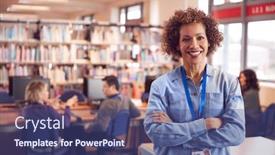  Presentation with teacher - Cool new PPT theme with portrait-of-mature-female-teacher backdrop and a ocean colored foreground