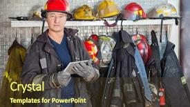  Presentation with fire station - Slide deck featuring portrait of mature fireman background and a tawny brown colored foreground