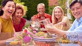  Presentation with outdoor party - Presentation theme consisting of portrait-of-mature-friends-around background and a coral colored foreground