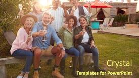  Presentation with campsite - Presentation design having portrait of mature friends sitting around fire and making a toast at outdoor campsite bar background and a tawny brown colored foreground
