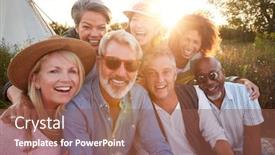  Presentation with tent - Colorful presentation theme enhanced with middle ages - portrait of mature friends backdrop and a violet colored foreground