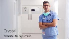  Presentation with scrubs - Beautiful PPT layouts featuring portrait-of-mature-male-doctor backdrop and a light gray colored foreground