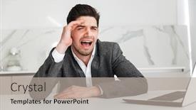  Presentation with failure - PPT theme enhanced with portrait of mature male office worker sitting at table and crying and being disappointed because of business failure background and a light gray colored foreground