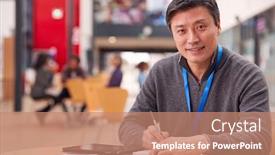  Presentation with college - Presentation design consisting of portrait-of-mature-male-teacher background and a coral colored foreground