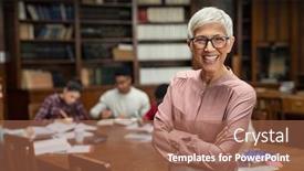  Presentation with university library - Slide set featuring portrait-of-mature-professor-standing background and a red colored foreground