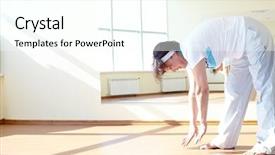  Presentation with female sport - PPT theme with portrait of mature sporty female doing physical exercise in sport gym background and a cool aqua colored foreground