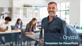  Presentation with high school students - Colorful slide deck enhanced with portrait-of-mature-teacher-looking backdrop and a ocean colored foreground