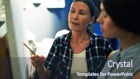  Presentation with professor - Cool new PPT theme with portrait of mature woman professor backdrop and a wine colored foreground