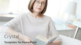  Presentation with book - Colorful presentation design enhanced with portrait-of-mature-woman backdrop and a light gray colored foreground