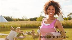  Presentation with yoga - Presentation design with portrait of mature woman on outdoor yoga retreat with friends and campsite in background background and a gold colored foreground