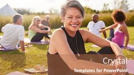  Presentation with retreat - Colorful presentation theme enhanced with portrait of mature woman on outdoor yoga retreat with friends and campsite in background backdrop and a red colored foreground