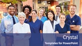  Presentation with hospital - Cool new slides with portrait of medical team standing backdrop and a ocean colored foreground