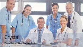  Presentation with team meeting - PPT theme enhanced with portrait of medical team at a meeting in conference room background and a light blue colored foreground