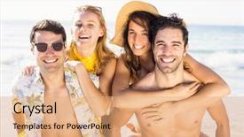  Presentation with giving - Slide deck enhanced with portrait of men giving a piggy back to women on the beach on a sunny day background and a coral colored foreground