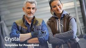  Presentation with locksmith - Presentation design consisting of locksmith - portrait of metalworker with woman background and a ocean colored foreground