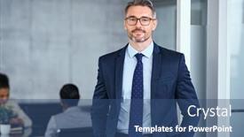  Presentation with entrepreneur - Slide deck with portrait-of-mid-adult-business background and a  colored foreground