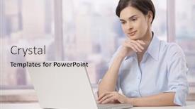  Presentation with skyscraper - Cool new presentation theme with portrait of mid adult businesswoman sitting at skyscraper office table looking at laptop computer screen backdrop and a light gray colored foreground