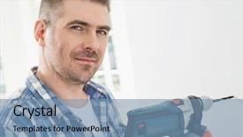  Presentation with drilling - Presentation design having portrait of mid-adult man drilling hole in wall background and a seafoam green colored foreground